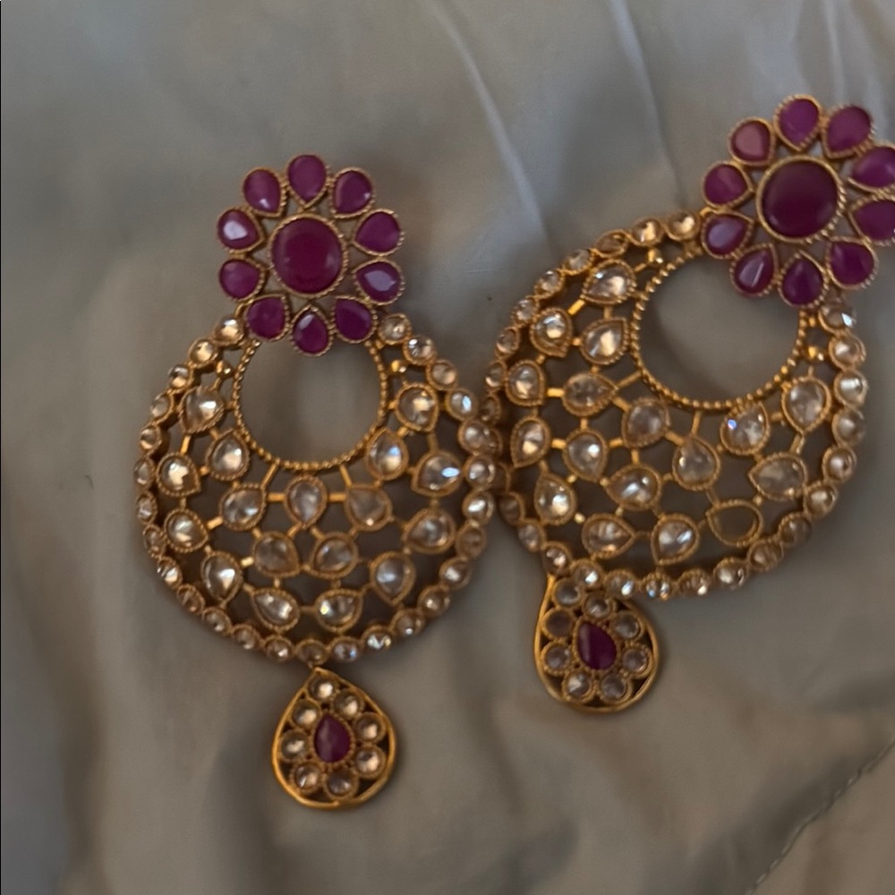 Gold and Purple Crescent Chandelier Earrings